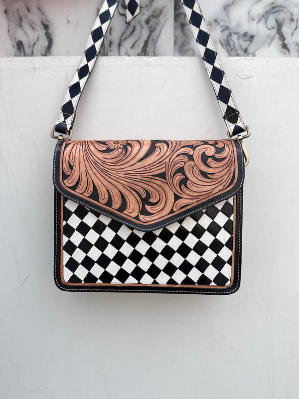 Hand Tooled Carving Leather Handbag Sling Bag Gypsy Boho Shoulder Handmade Checkers Pattern Bags