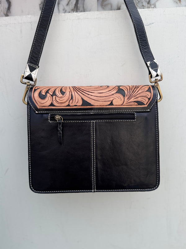 Hand Tooled Carving Leather Handbag Sling Bag Gypsy Boho Shoulder Handmade Checkers Pattern Bags