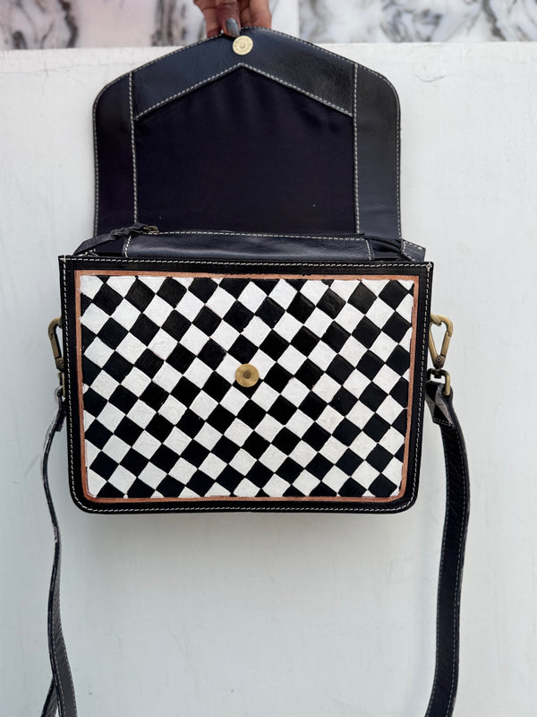 Hand Tooled Carving Leather Handbag Sling Bag Gypsy Boho Shoulder Handmade Checkers Pattern Bags