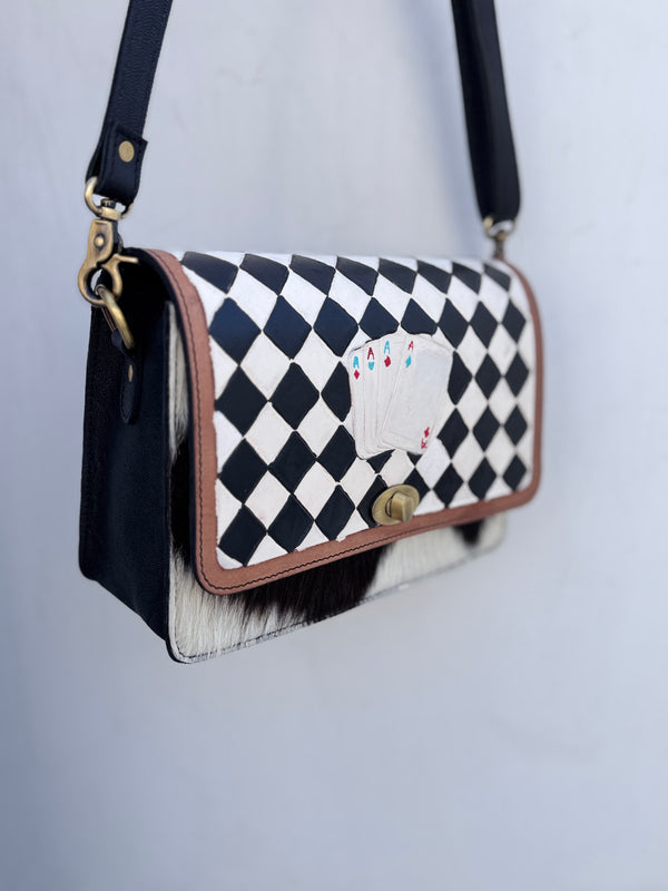Hand Tooled Leather Handbag Checker Pattern Hair On Hide Leather Cross Body Sling Bag