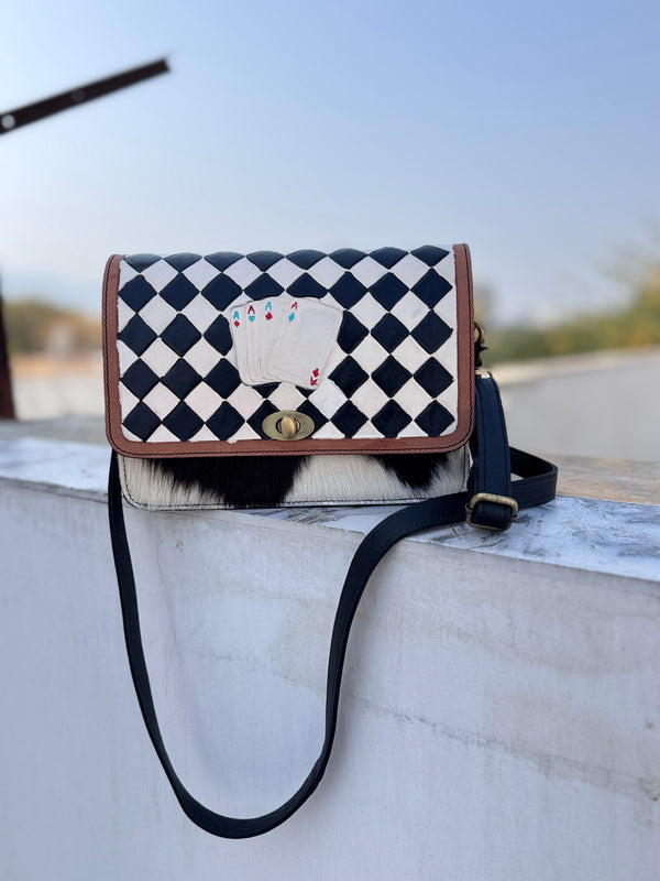 Hand Tooled Leather Handbag Checker Pattern Hair On Hide Leather Cross Body Sling Bag