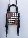 Hand Tooled Leather Fringe Handbag Checkers Pattern Black Colour Shoulder Bag