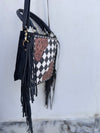 Hand Tooled Leather Fringe Handbag Checkers Pattern Black Colour Shoulder Bag