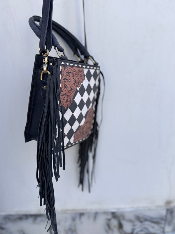 Hand Tooled Leather Fringe Handbag Checkers Pattern Black Colour Shoulder Bag