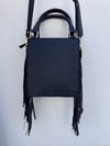 Hand Tooled Leather Fringe Handbag Checkers Pattern Black Colour Shoulder Bag
