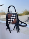 Hand Tooled Leather Fringe Handbag Checkers Pattern Black Colour Shoulder Bag