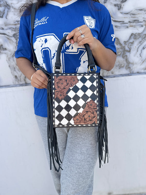 Hand Tooled Leather Fringe Handbag Checkers Pattern Black Colour Shoulder Bag