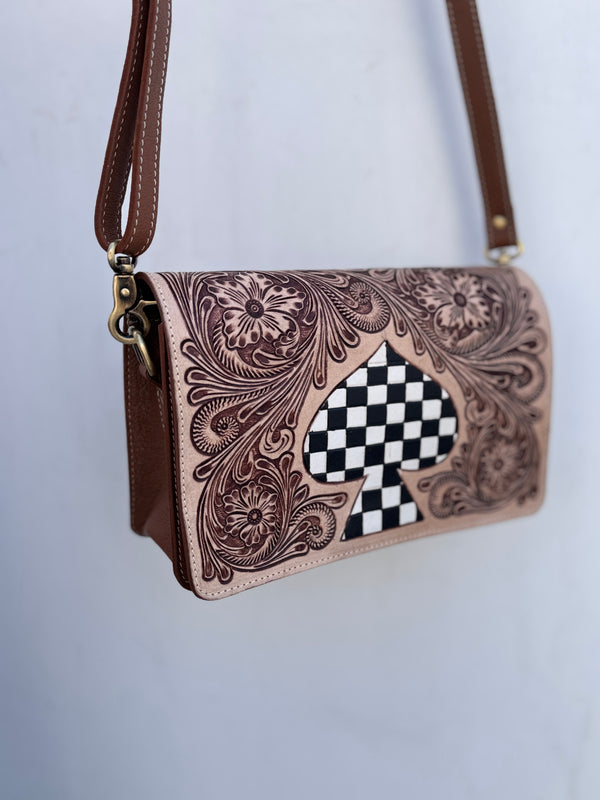 Hand Tooled Leather Handbag Checkers Pattern Genuine Leather Cross Body Bag