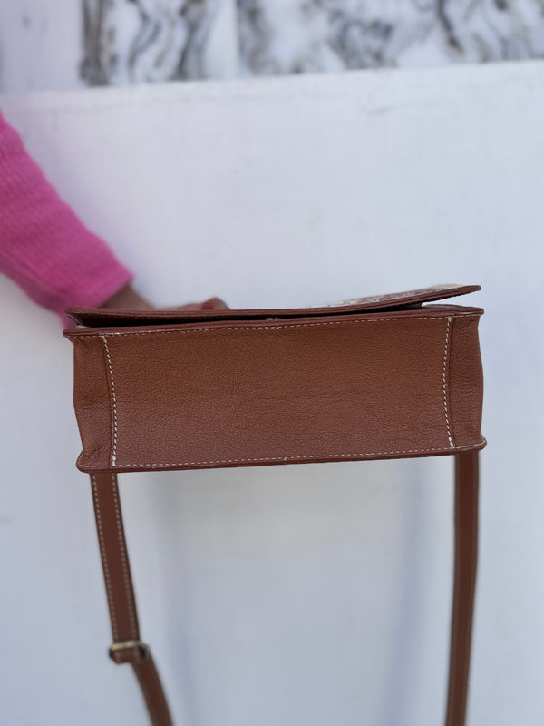 Hand Tooled Leather Handbag Checkers Pattern Genuine Leather Cross Body Bag