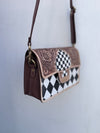 Hand Tooled Leather Handbag Checkers Pattern Real Leather Cross Body Bag