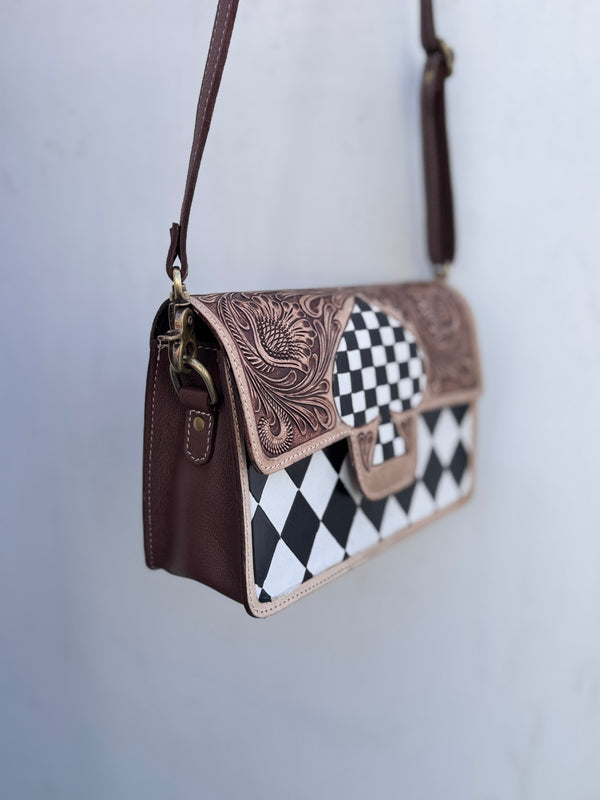 Hand Tooled Leather Handbag Checkers Pattern Real Leather Cross Body Bag
