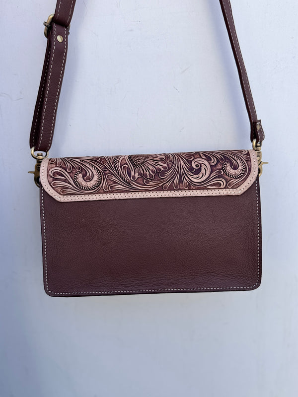 Hand Tooled Leather Handbag Checkers Pattern Real Leather Cross Body Bag