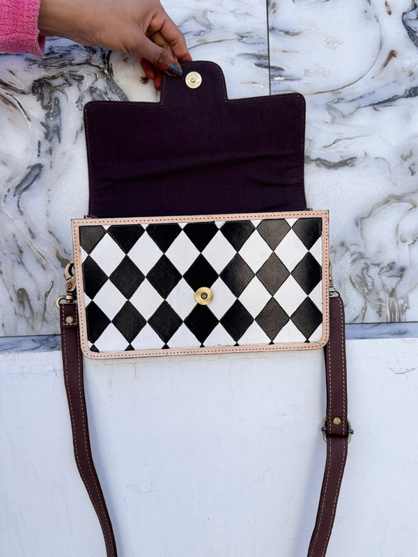 Hand Tooled Leather Handbag Checkers Pattern Real Leather Cross Body Bag