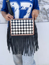 Hand Tooled Carving Leather Fringe Bag Checker Pattern Cross-Body Handbag