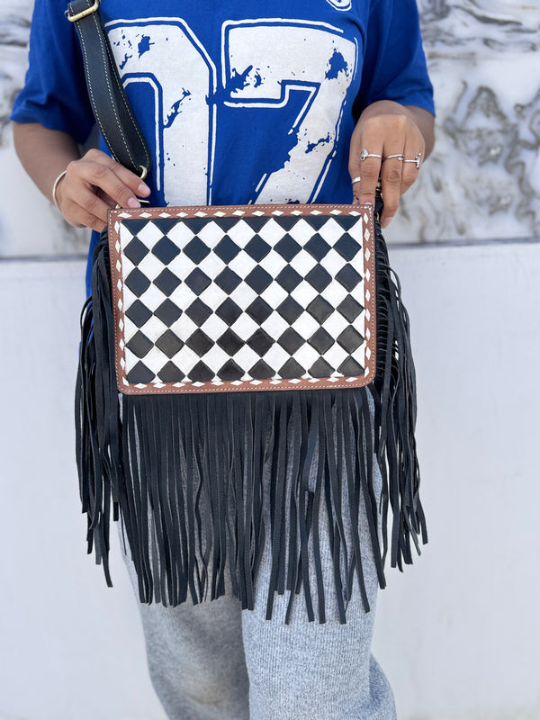 Hand Tooled Carving Leather Fringe Bag Checker Pattern Cross-Body Handbag