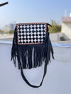 Hand Tooled Carving Leather Fringe Bag Checker Pattern Cross-Body Handbag
