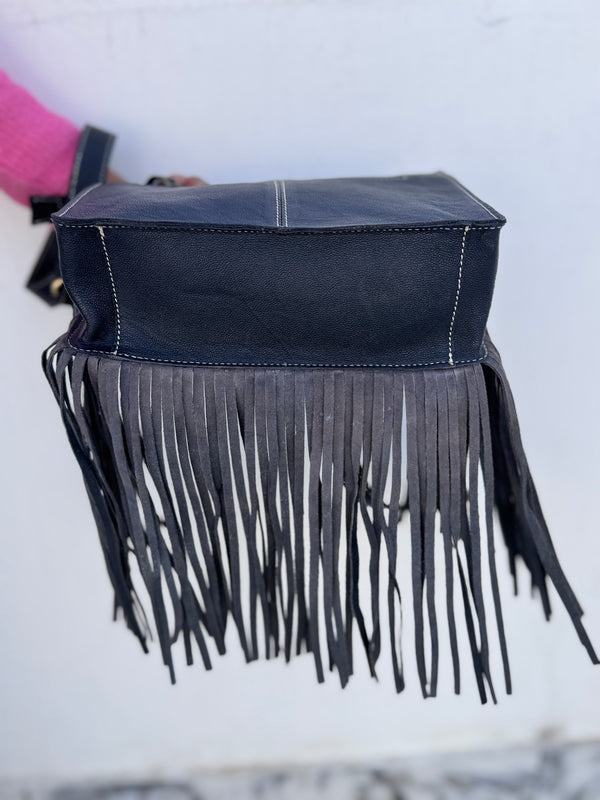 Hand Tooled Carving Leather Fringe Bag Checker Pattern Cross-Body Handbag