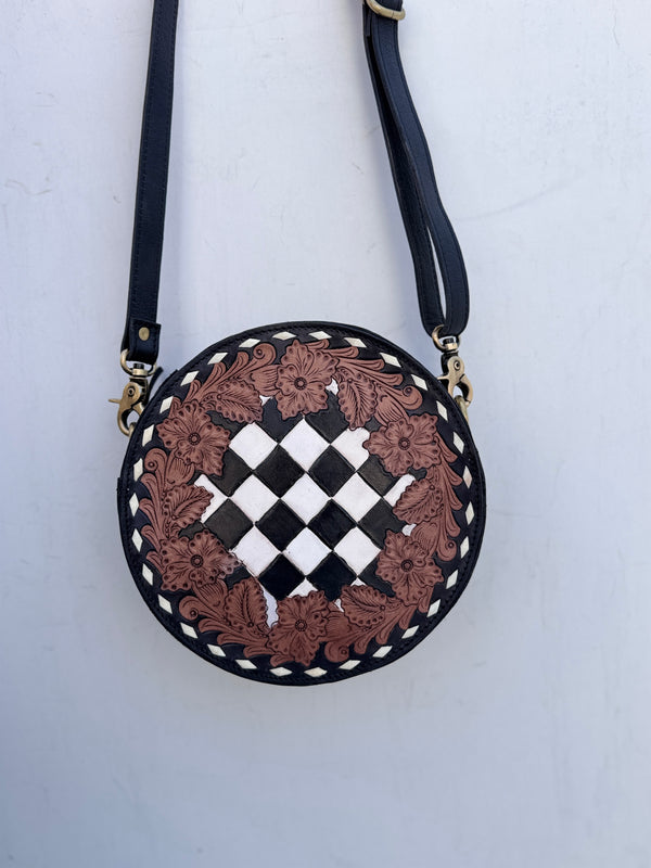 Hand Tooled Leather Round Handbag Checkers Pattern Genuine Leather Cross Body Bag