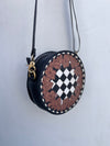 Hand Tooled Leather Round Handbag Checkers Pattern Genuine Leather Cross Body Bag