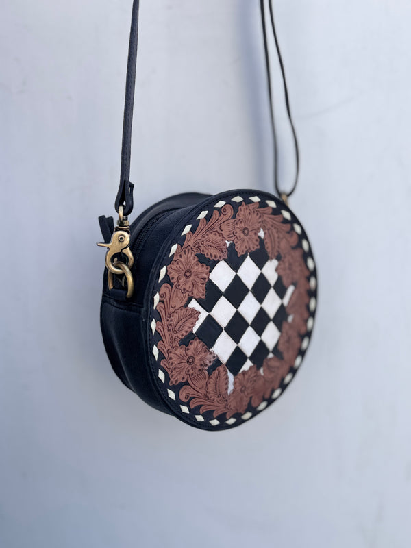 Hand Tooled Leather Round Handbag Checkers Pattern Genuine Leather Cross Body Bag