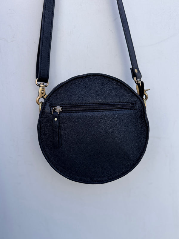 Hand Tooled Leather Round Handbag Checkers Pattern Genuine Leather Cross Body Bag