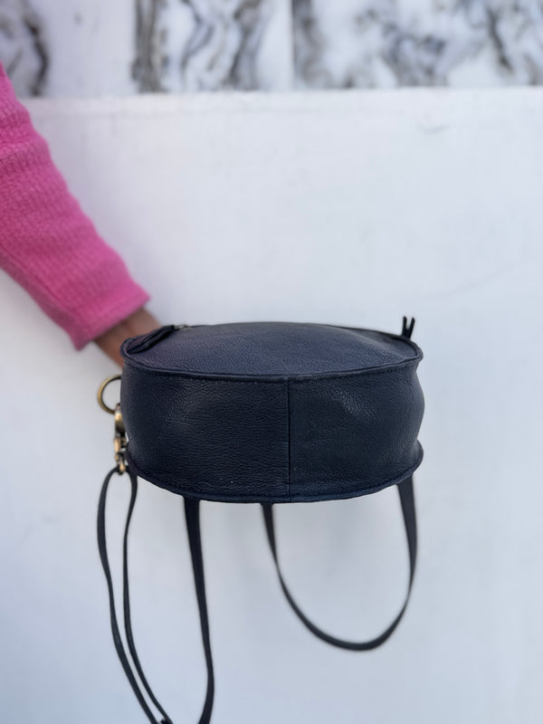 Hand Tooled Leather Round Handbag Checkers Pattern Genuine Leather Cross Body Bag