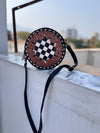 Hand Tooled Leather Round Handbag Checkers Pattern Genuine Leather Cross Body Bag