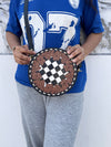 Hand Tooled Leather Round Handbag Checkers Pattern Genuine Leather Cross Body Bag