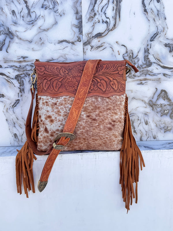Hand Tooled Leather Fringe Handbag Hair On Hide Fur Designer Shoulder Bag