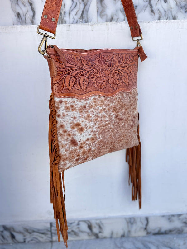 Hand Tooled Leather Fringe Handbag Hair On Hide Fur Designer Shoulder Bag