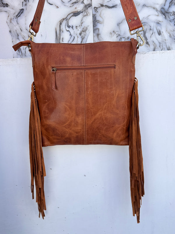 Hand Tooled Leather Fringe Handbag Hair On Hide Fur Designer Shoulder Bag