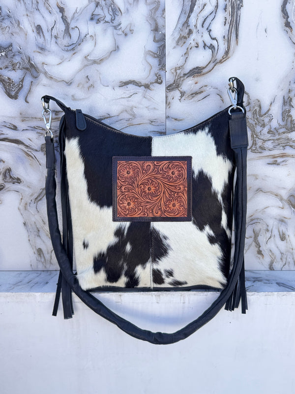 Cowhide Fur Leather Fringe Hand Bag Stylish Purse Hand Tooled Leather Shoulder Bags