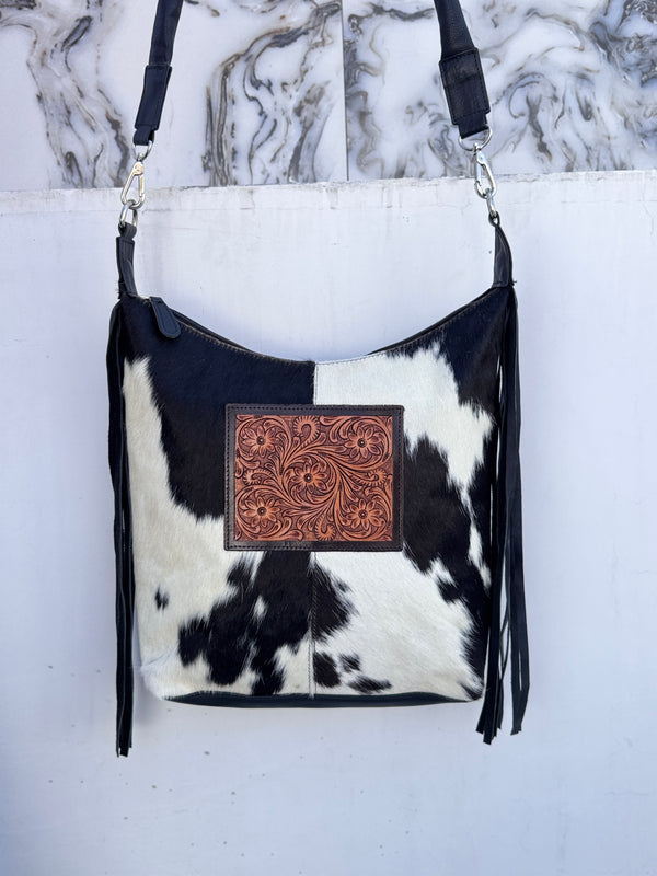 Cowhide Fur Leather Fringe Hand Bag Stylish Purse Hand Tooled Leather Shoulder Bags
