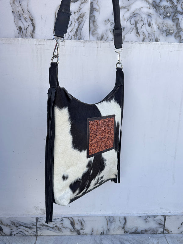 Cowhide Fur Leather Fringe Hand Bag Stylish Purse Hand Tooled Leather Shoulder Bags