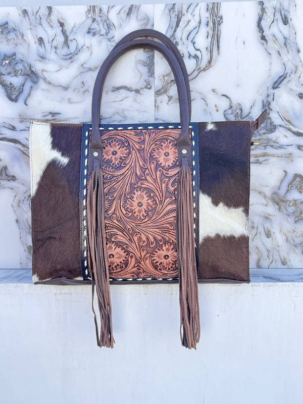Cowhide Fur Leather Tote Bag Big Size Hand Tooled Carving Leather Fringe Handbag