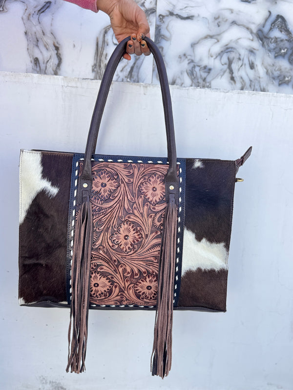 Cowhide Fur Leather Tote Bag Big Size Hand Tooled Carving Leather Fringe Handbag
