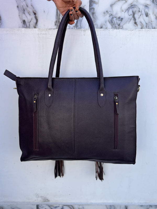 Cowhide Fur Leather Tote Bag Big Size Hand Tooled Carving Leather Fringe Handbag