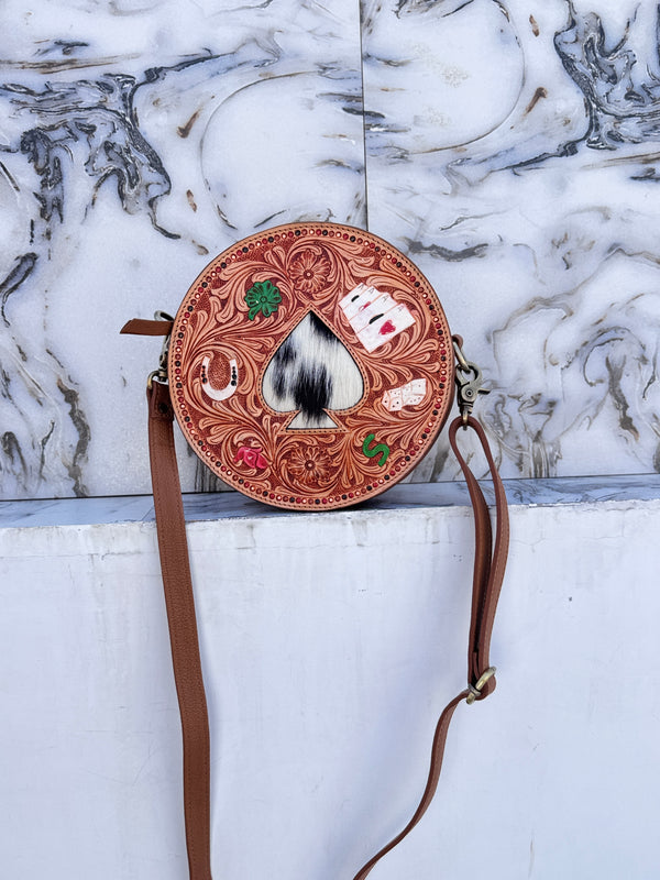 Round Handbag Tooling Carving Sling Bag Leather Gypsy Boho Cowhide Fur Handmade Bags