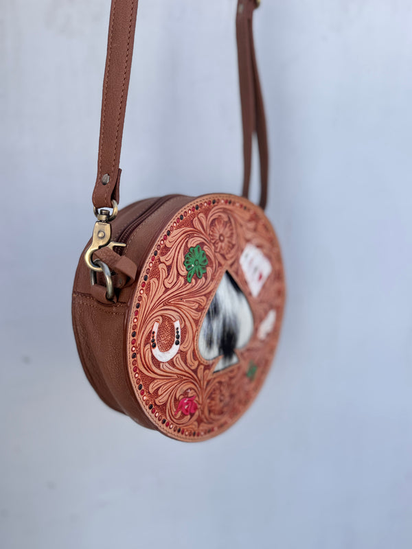 Round Handbag Tooling Carving Sling Bag Leather Gypsy Boho Cowhide Fur Handmade Bags