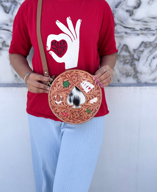 Round Handbag Tooling Carving Sling Bag Leather Gypsy Boho Cowhide Fur Handmade Bags