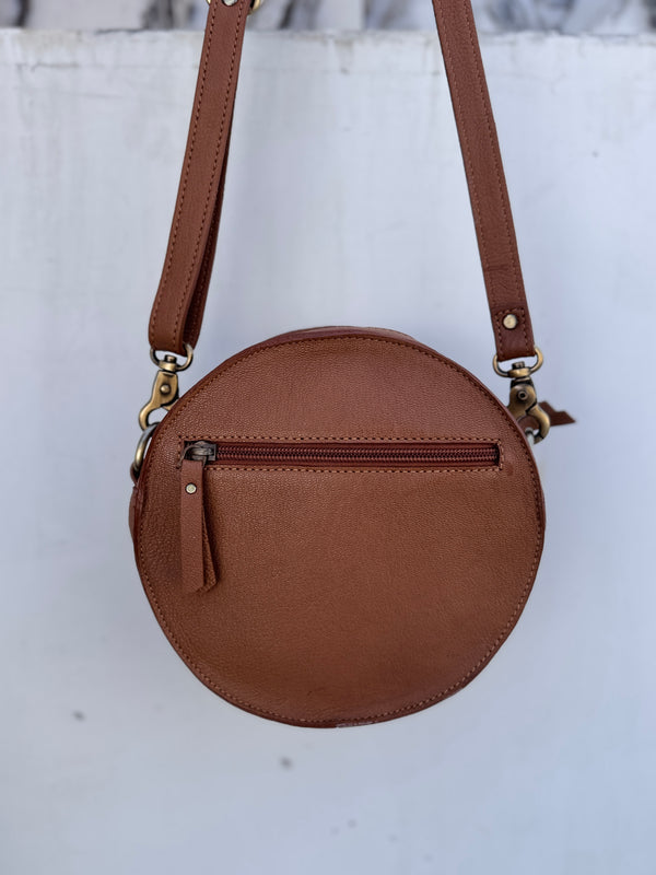 Round Handbag Tooling Carving Sling Bag Leather Gypsy Boho Cowhide Fur Handmade Bags