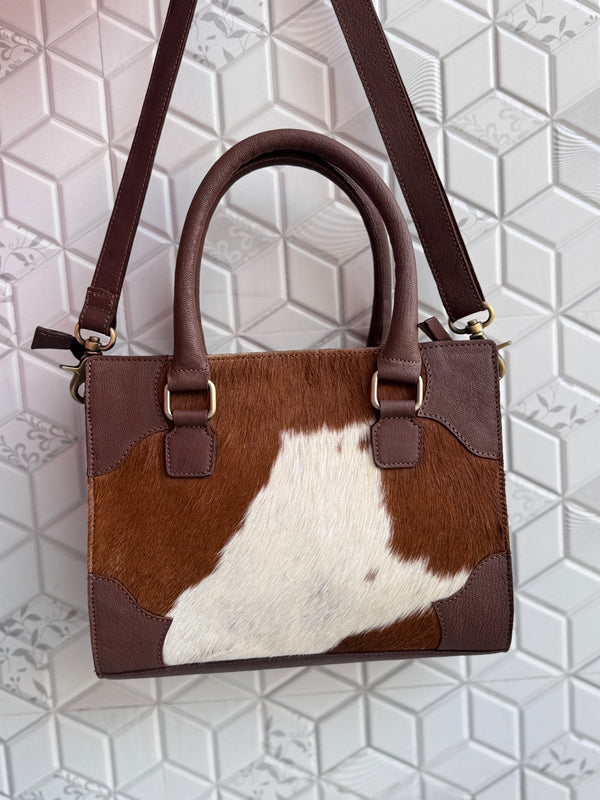 Hand Tooled Leather Handbag Cowhide Fur Leather Brown Colour Tote Bag