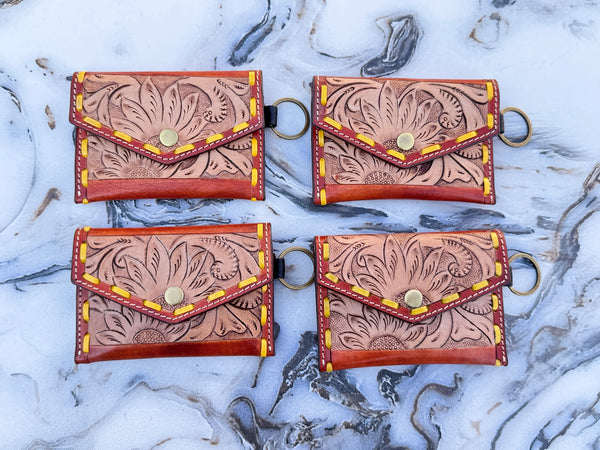 Women's Hand Tooled Carving Leather Coin Purse Stylish Clutch
