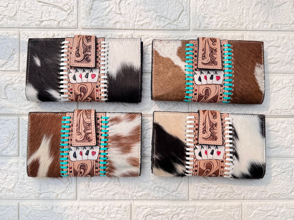 Hand Tooled Carving Clutch Phone Case Stylish Cowhide Fur Leather Western Wallets