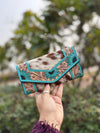 Hand Tooled Carving Clutch Stylish Genuine Leather Hair On Hide Fur Clutch