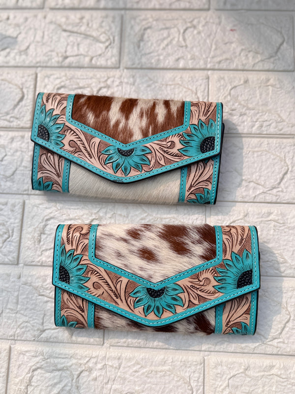Hand Tooled Carving Clutch Stylish Genuine Leather Hair On Hide Fur Clutch