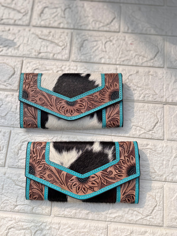 Hand Tooled Carving Wallet Clutch Stylish Cowhide Fur Leather Wallet Western Leather Wallets