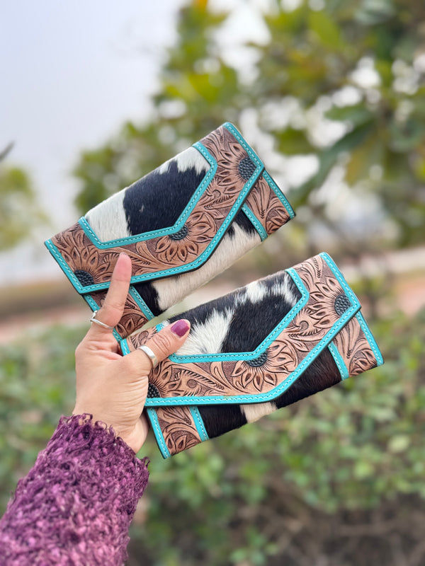 Hand Tooled Carving Wallet Clutch Stylish Cowhide Fur Leather Wallet Western Leather Wallets
