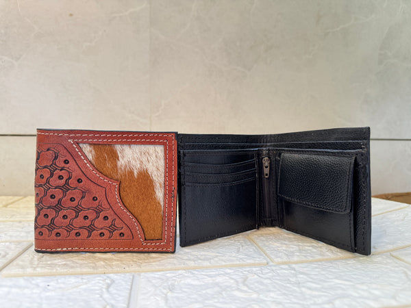 Hand Tooled Leather Long Zipper Men's Wallet Fashionable Hair On Hide Cash Holder Gift for Him