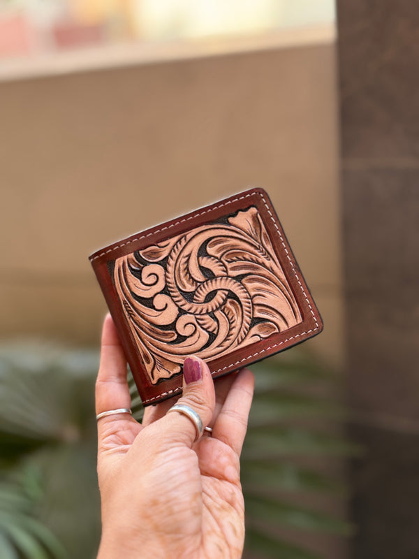 Men's Wallet Hand Tooled Leather Dark Brown Colour Cash Holder Gift for Him